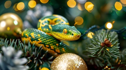 Fototapeta premium A yellow-green snake crawls on a Christmas tree with New Year's toys