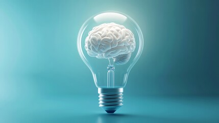 Brain inside a light bulb on teal background, innovation and creativity concept