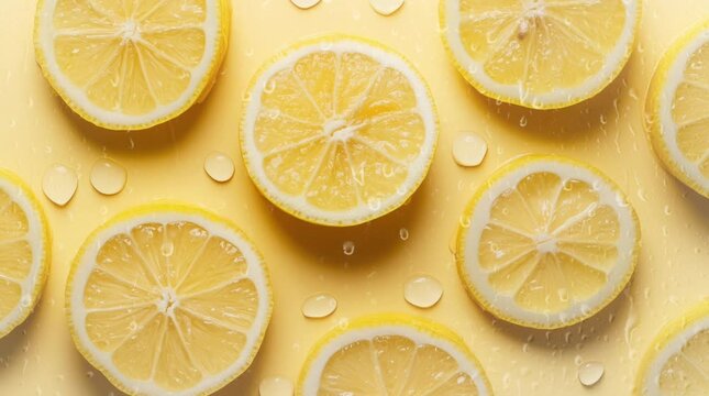 leman slices with a light yellow background that looks very fresh. Virtual 4K video animation background with looping time lapse with very smooth graphics.