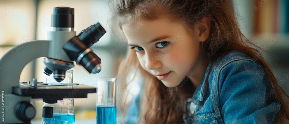 Poster curious girl observing science experiment with microscope