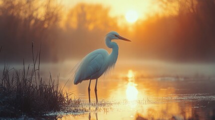 Fototapeta premium Majestic Great Egret in Misty Wetlands at Sunrise
