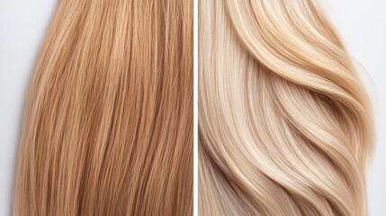 Fototapeta premium Close-up of two blonde hair strands, one light blonde and one dark blonde, side by side.