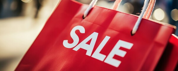 Red shopping bag with sale text in store setting, retail discount concept