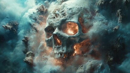 Ethereal Skull amidst Celestial Clouds: A Surreal Exploration of Darkness and Light