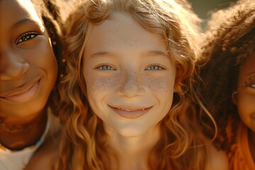 Fototapeta premium Closeup of three happy multiethnic children, a white girl with curly blonde hair and blue eyes in the center surrounded by two black girls with long dark brown straight hair