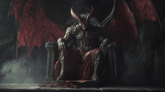 Na majestatycznym tronie, bogato zdobionym, zasiada demon, kt&oacute;rego obecność przyciąga wzrok. 