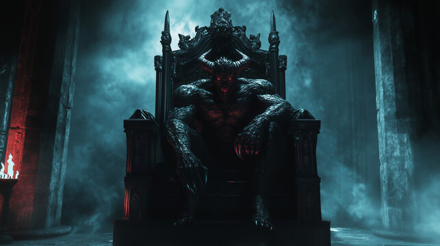 Na majestatycznym tronie, bogato zdobionym, zasiada demon, kt&oacute;rego obecność przyciąga wzrok. 