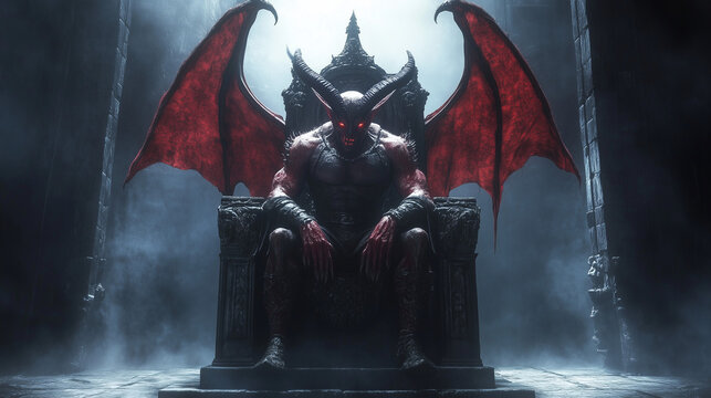 Na majestatycznym tronie, bogato zdobionym, zasiada demon, kt&oacute;rego obecność przyciąga wzrok. 