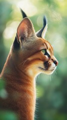 Naklejka premium Close-up of a caracal cat with lush greenery in the background, nature photography concept