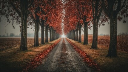 A picturesque pathway lined with trees displaying vibrant autumn foliage.