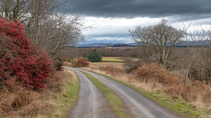 Fototapeta premium A winding road through a serene landscape with trees and distant hills under a cloudy sky.