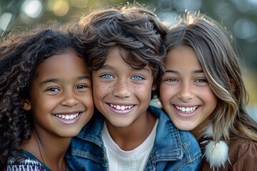 Fototapeta premium Closeup of three young girls, one black girl with curly hair and brown skin tone