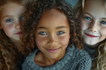 Obraz premium Closeup of three young girls, one black girl with curly hair and dark skin