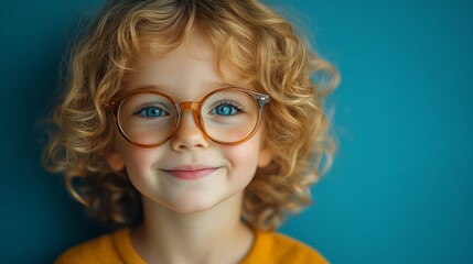 Obraz premium Smiling child with curly hair and glasses against a blue background, portrait style. Childhood innocence and joy concept