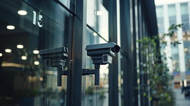 Security camera watches over a busy street from a commercial building, ensuring safety with modern technology