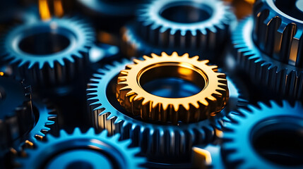 Close-up of interlocking gears, one gold, the rest blue.