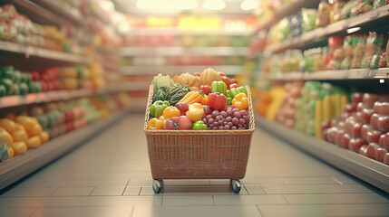 Sklep spożywczy oferujący bogaty asortyment artykułów, od świeżych owoców i warzyw po produkty lokalne. Koszyk zakupowy wypełniony ulubionymi przysmakami sprawia, że zakupy stają się przyjemnością.