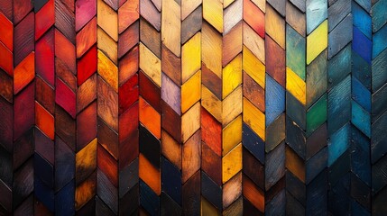 Fototapeta premium Colorful wooden herringbone pattern background, vibrant texture. Interior decor and design concept