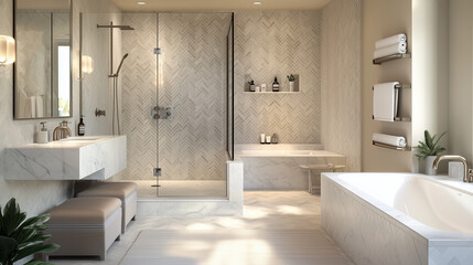 W eleganckiej łazience z osobną toaletą znajduje się prysznic z ścianą wykonaną z marmurowych płytek w kształcie jodełki, co dodaje wnętrzu nowoczesnego charakteru.