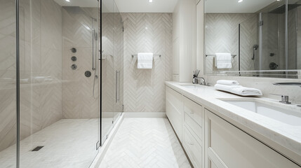 W eleganckiej łazience z osobną toaletą znajduje się prysznic z ścianą wykonaną z marmurowych płytek w kształcie jodełki, co dodaje wnętrzu nowoczesnego charakteru.