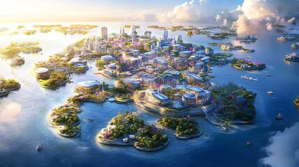 Aerial view of a futuristic city built on small islands in a serene, sunlit sea with many buildings and vibrant greenery.