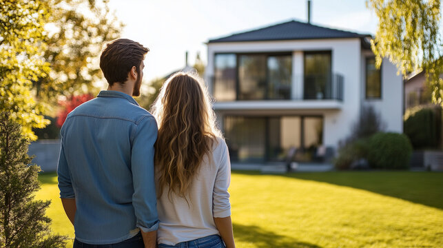 Rodzina, trzymając się blisko siebie, stoi z tyłu swojego wymarzonego domu, gotowa na nowe wyzwania i wsp&oacute;lne chwile w nowym miejscu.