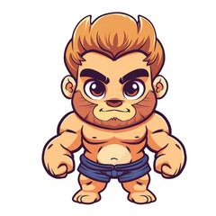 Naklejka premium Cartoon illustration of a muscular man with a beard and short blue shorts standing with his fists clenched.