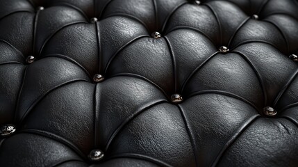 Naklejka premium Close-up of black leather upholstery with buttons, macro texture. Luxury interior design concept