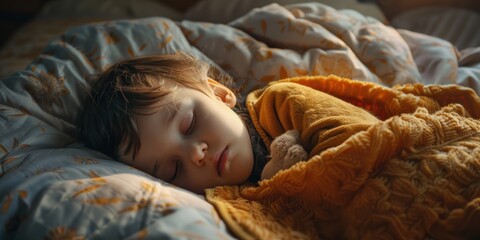 Sleeping Child In Bed With Cozy Blankets