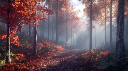 Obraz premium A serene autumn forest path illuminated by soft light and vibrant foliage.