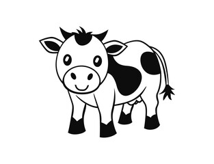 A charming black-and-white cartoon cow illustration with large round eyes and a smiling expression. The simple, cute design makes this animal drawing perfect for children's content