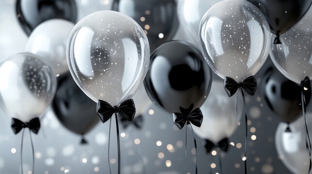 Floating black and white balloons with bow ties and sparkles, festive celebration concept