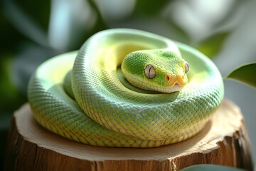 Fototapeta premium A vibrant green snake curled on a wood stump, bathed in sunlight.