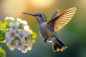 Fototapeta premium Hummingbird in flight collecting nectar from a white flower