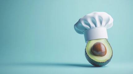 Avocado with chef hat on blue background, creative concept. Culinary inspiration and food art