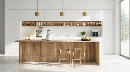 Fototapeta premium Modern Kitchen Interior Design with Wooden Island and White Cabinets