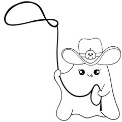Cut Cowboy Ghost Halloween wearing Cowboy Hat Holding whip coloring Cartoon Illustration