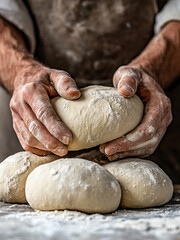 Fototapeta premium An engaging image capturing the process of baking bread, cakes, and cookies, showcasing the baker's skilled hands at work. The scene is filled with the warmth and aroma of fresh dough, artfully shaped