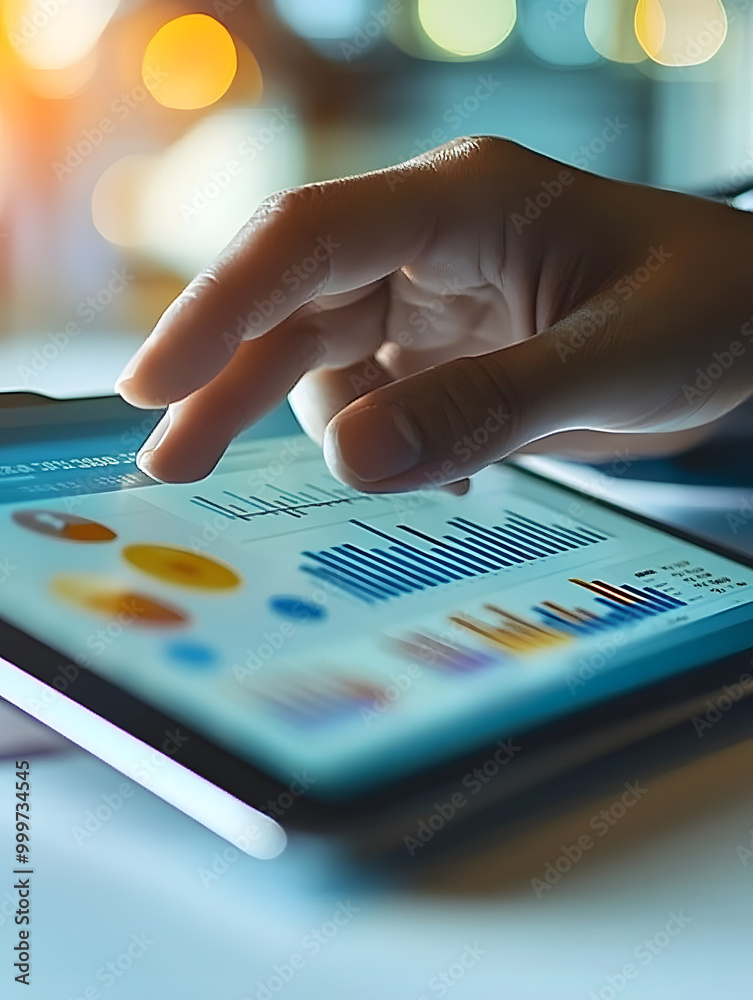 Poster a person's hands interact with a tablet displaying financial graphs, indicating a professional setti