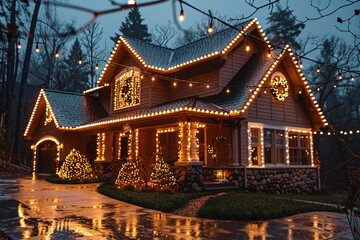Obraz premium A charming house adorned with bright holiday lights glows warmly against the rainy backdrop. Surrounded by trees, the festive decorations create a cozy atmosphere as rain reflects the lights