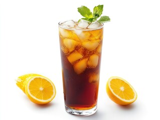 Long Island ice tea cocktail with vodka, rum, tequila, gin, liquor, lemon juice, cola and ice, garnished with lemon slice and mint in highball glass, isolated on white