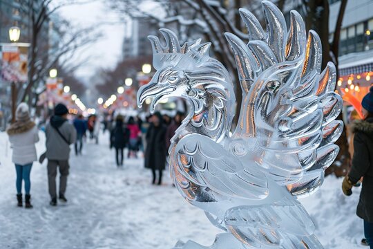 An intricately carved ice sculpture of a bird captures attention along a snowy avenue bustling with festival-goers, as twinkling lights enhance the winter magic