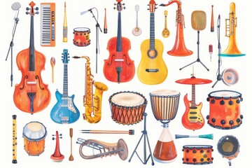 Painted musical instruments in watercolor style