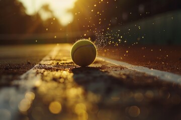 A tennis ball sits on the edge of a tennis court, waiting for serve