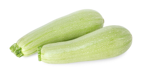 Two fresh ripe zucchinis isolated on white, top view