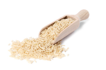 Raw rice in wooden scoop isolated on white