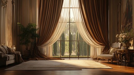 Fototapeta premium Elegant, flowing curtains in a soft, luxurious fabric create a serene and opulent look in a grand room, set against a realistic, sophisticated backdrop