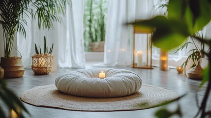 A serene meditation space featuring a round cushion, candle, and plants for relaxation.
