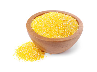 Raw cornmeal in bowl isolated on white