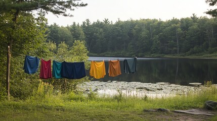 Obraz premium Clothes hanging by the serene lakeside.
